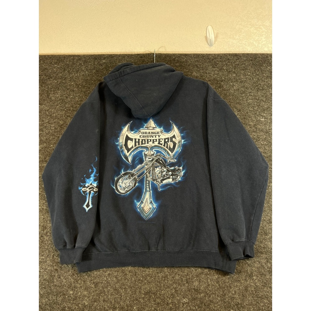 Vintage 90s Orange County Choppers Hoodie Mens Medium Navy Blue Flame Biker OCC